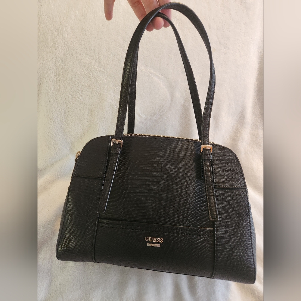 Guess Huntley Medium Cali Satchel Black Faux Leather Designer Hand Bag Purse